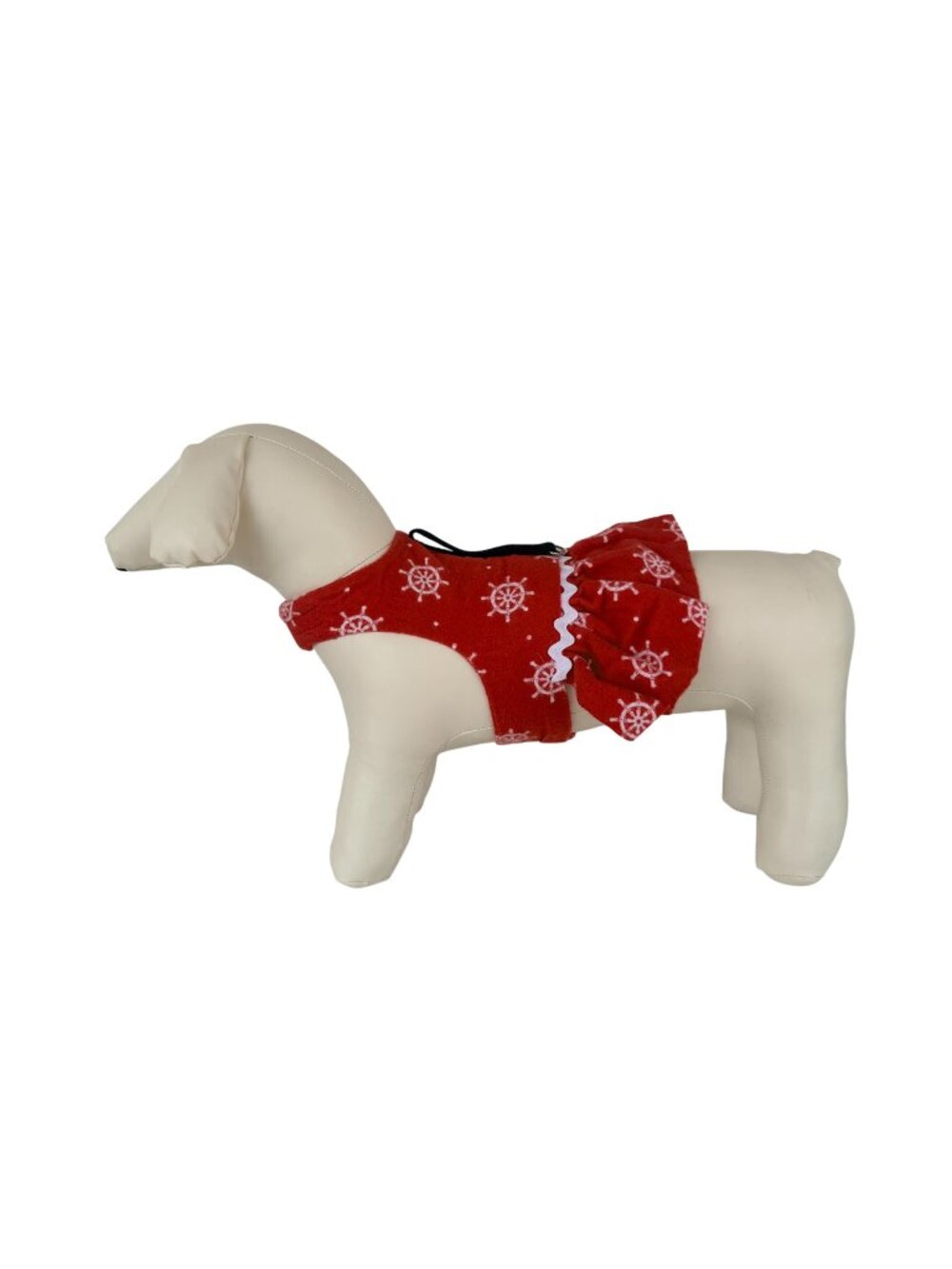 Handmade Small Breed Dog Adjustable Dress w Harness Red Nautical Ruffle Trim